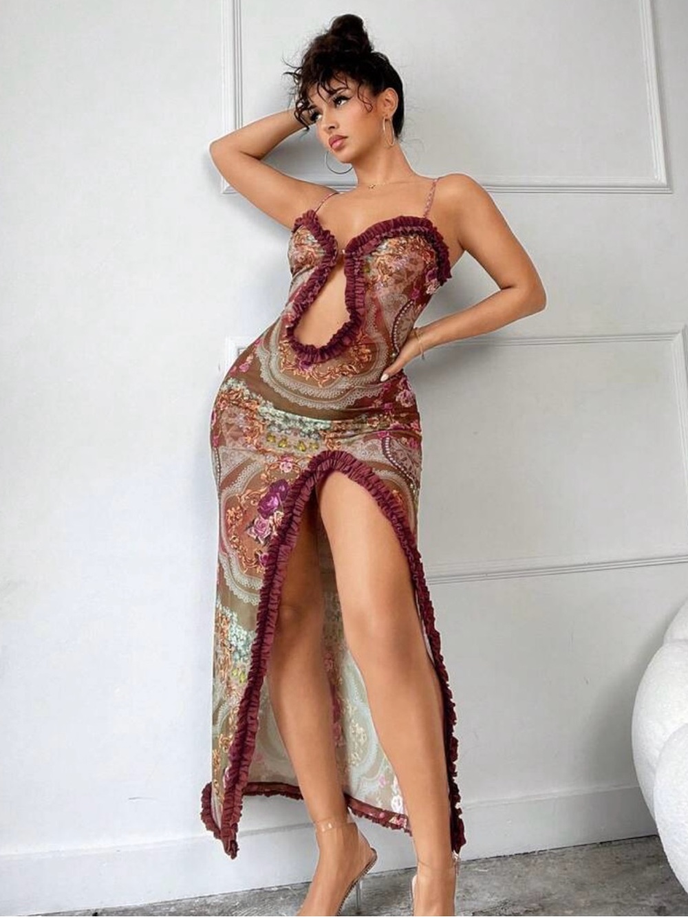 SHEIN Paisley Cutout Maxi Dress in Burgundy and Olive